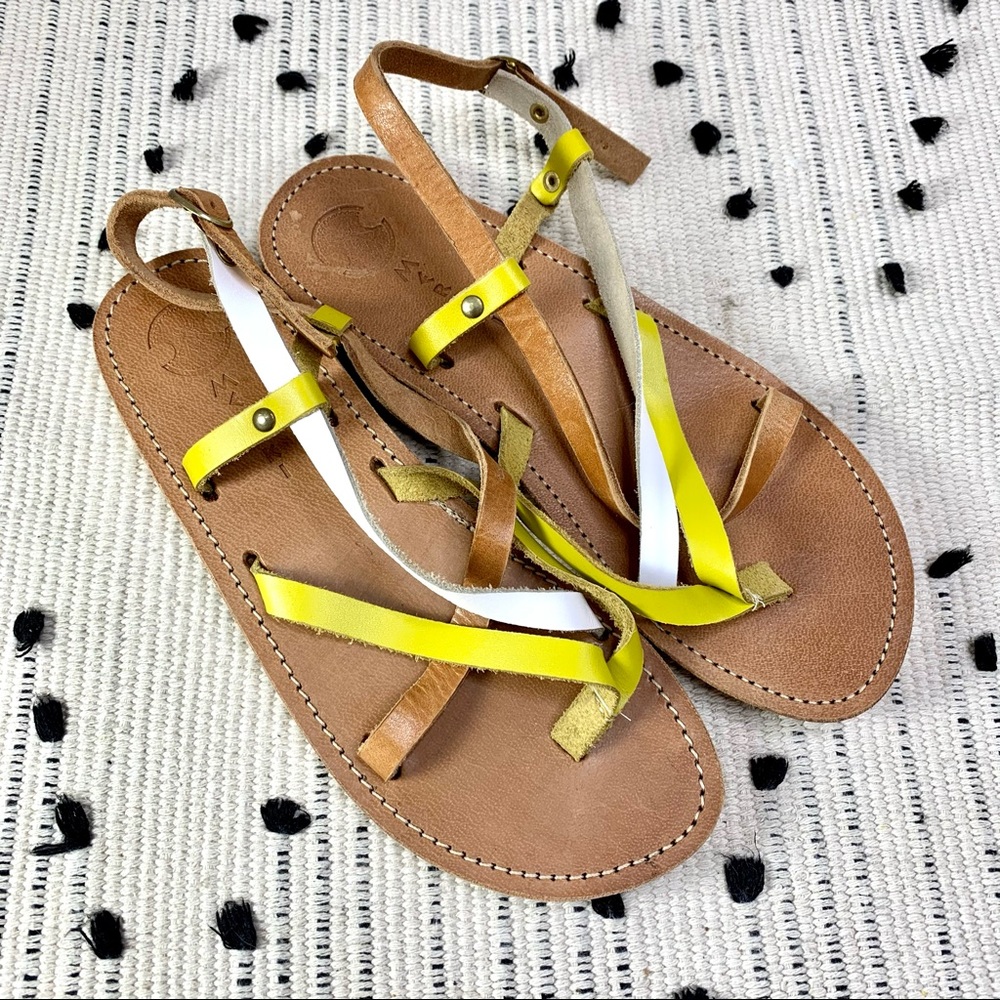 meraki Brown Leather Sandals with Yellow and White Straps